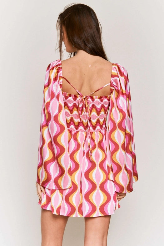 Smocked Wide Sleeve Swirl Print Mini Dress PINK COMBO