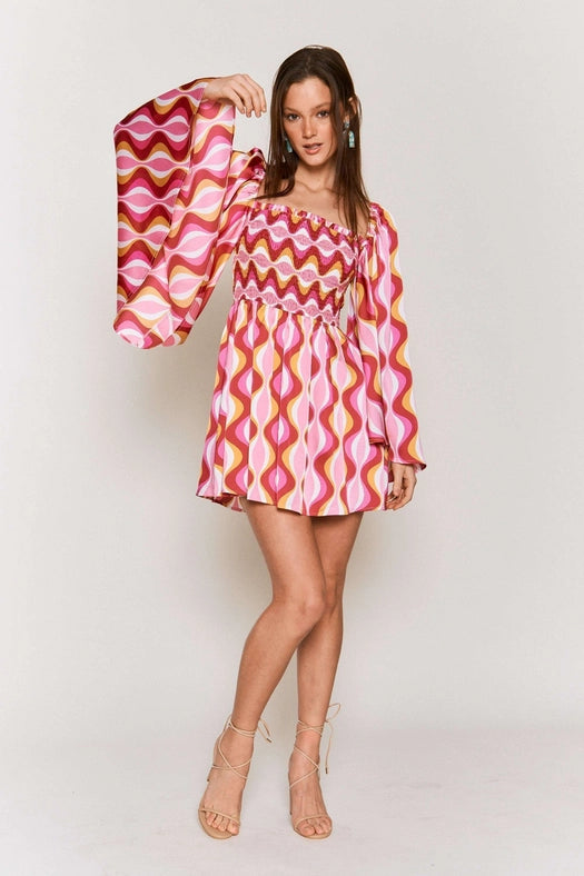 Smocked Wide Sleeve Swirl Print Mini Dress PINK COMBO