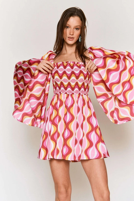 Smocked Wide Sleeve Swirl Print Mini Dress PINK COMBO