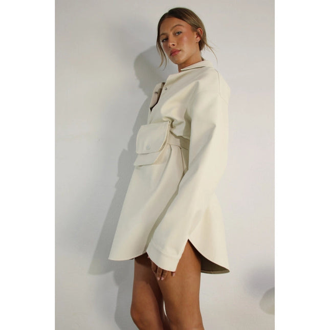 Soft Faux Leather Dress with Pocket Belt CREAM