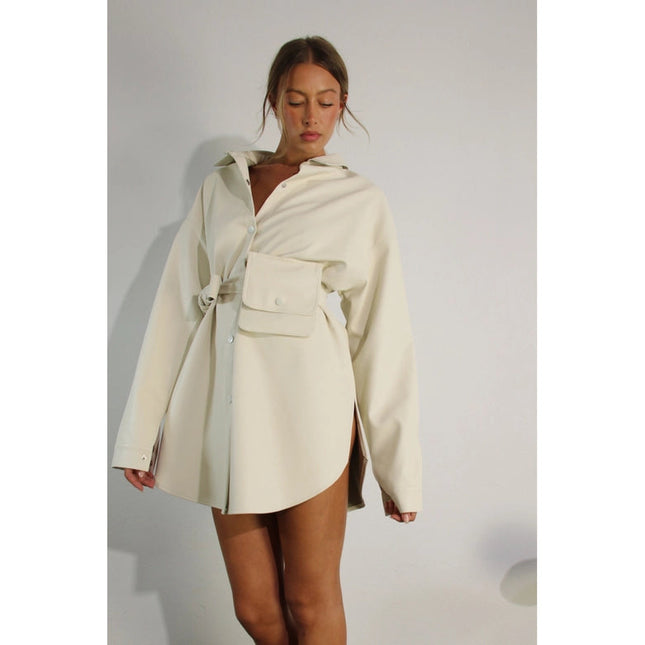 Soft Faux Leather Dress with Pocket Belt CREAM