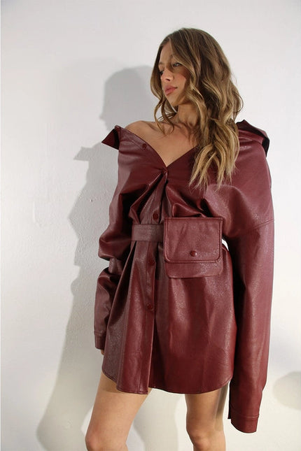 Soft Faux Leather Dress with Pocket Belt WINE