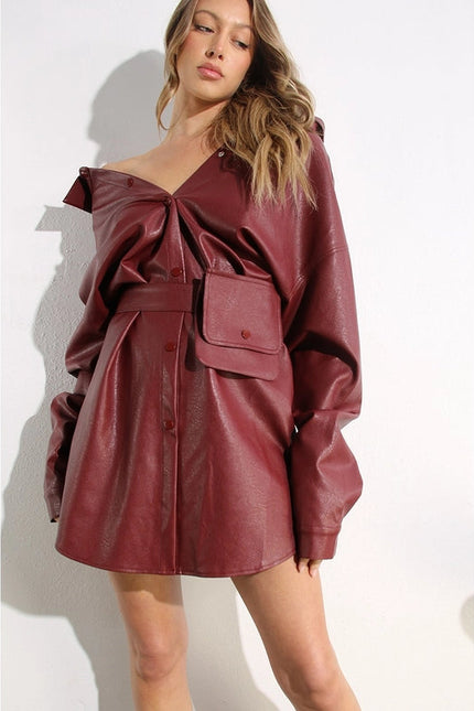 Soft Faux Leather Dress with Pocket Belt WINE