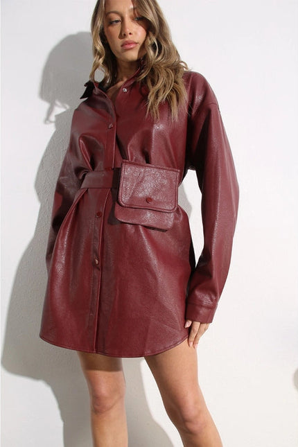 Soft Faux Leather Dress with Pocket Belt WINE