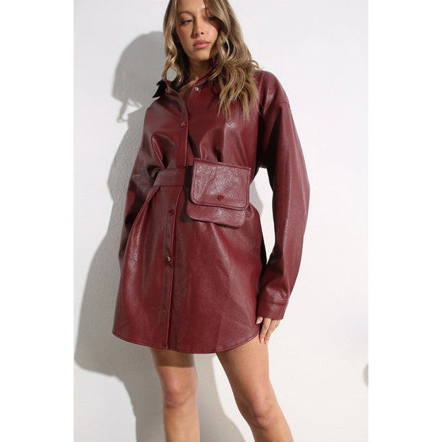 Soft Faux Leather Dress with Pocket Belt WINE