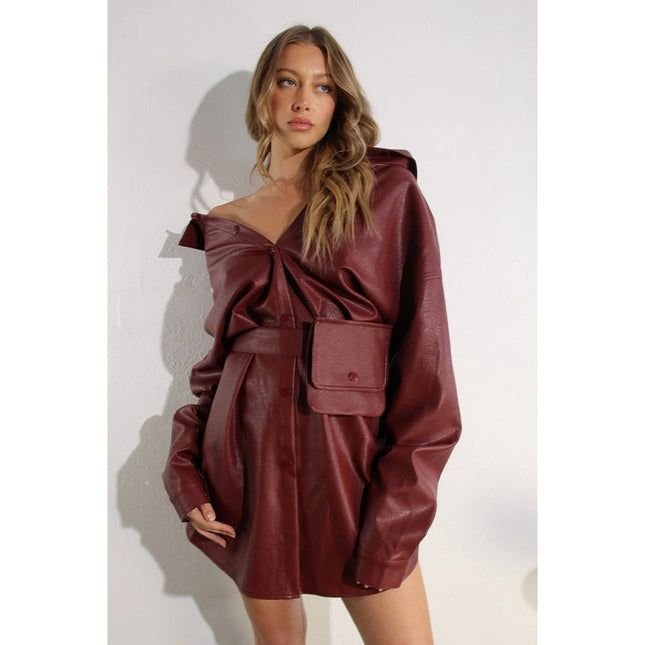 Soft Faux Leather Dress with Pocket Belt WINE