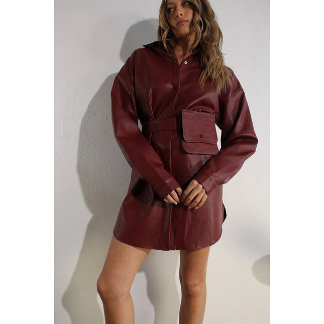 Soft Faux Leather Dress with Pocket Belt WINE