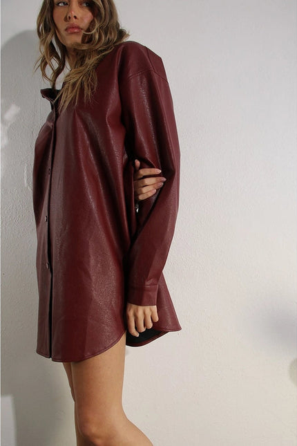 Soft Faux Leather Dress with Pocket Belt WINE