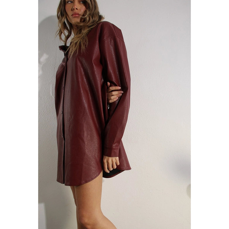 Soft Faux Leather Dress with Pocket Belt WINE