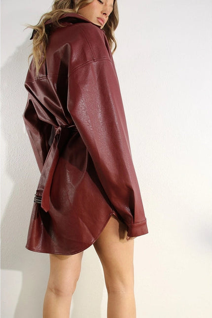 Soft Faux Leather Dress with Pocket Belt WINE