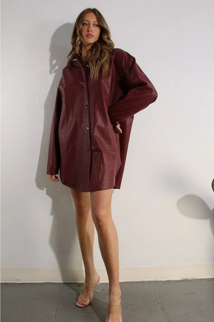 Soft Faux Leather Dress with Pocket Belt WINE