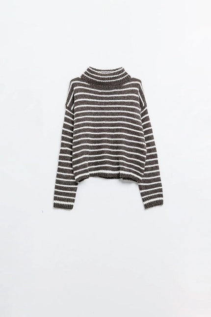 Soft Knit Striped Turtleneck Sweater in Brown