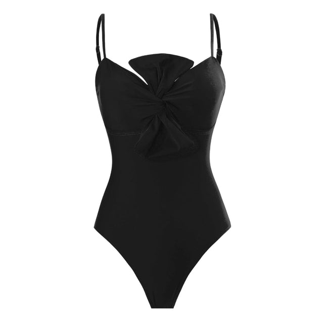 Solid Color Bowknot One Piece Swimwear with Cover Y187 Black