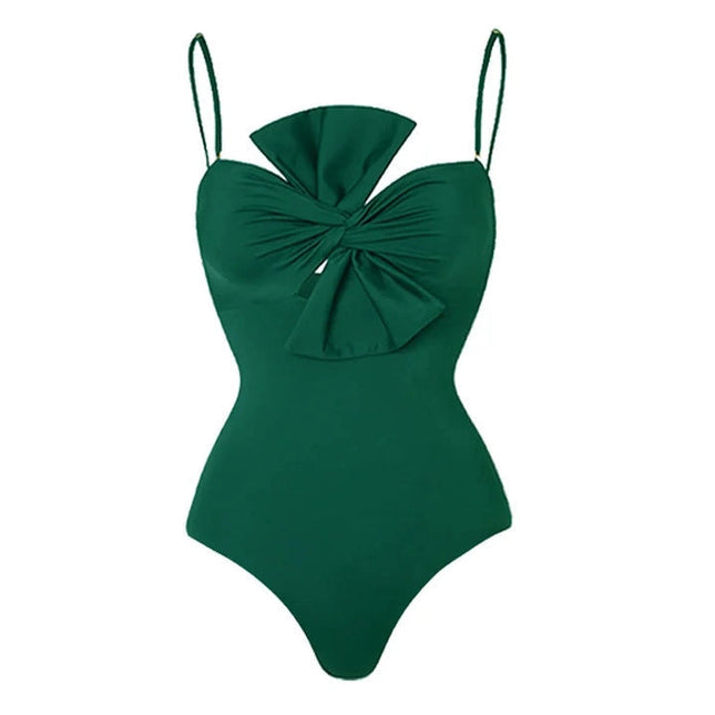 Solid Color Bowknot One Piece Swimwear with Cover Y187 Green