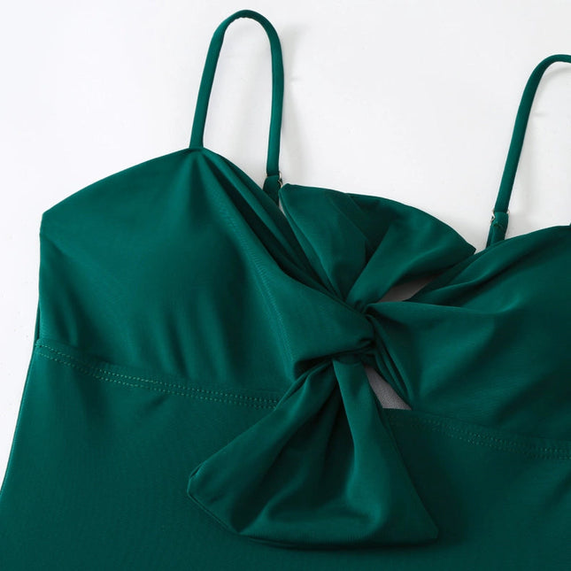 Solid Color Bowknot One Piece Swimwear with Cover Y187 Green