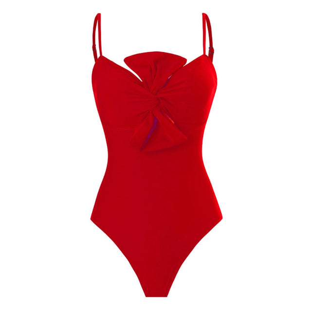 Solid Color Bowknot One Piece Swimwear with Cover Y187 Red