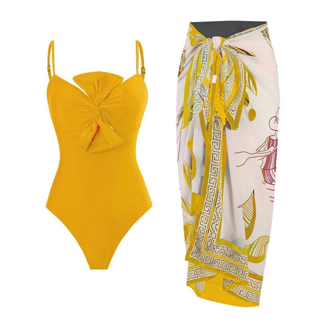 Solid Color Bowknot One Piece Swimwear with Cover Y187 Yellow