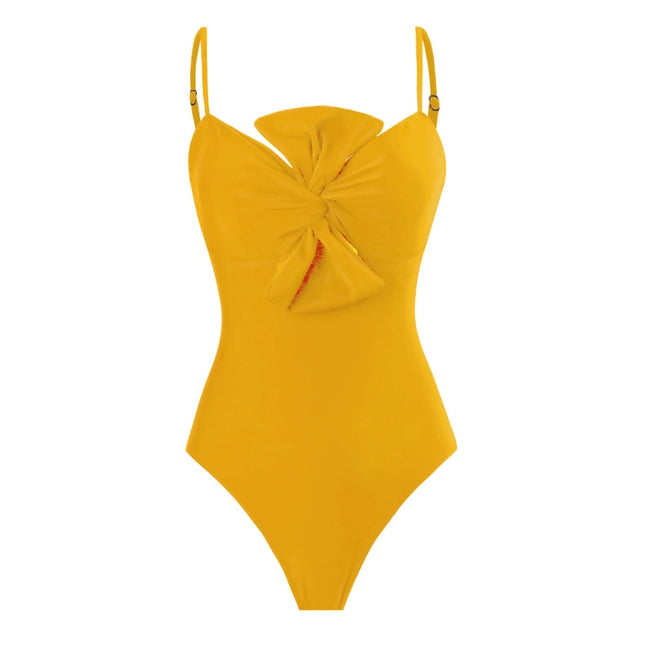 Solid Color Bowknot One Piece Swimwear with Cover Y187 Yellow