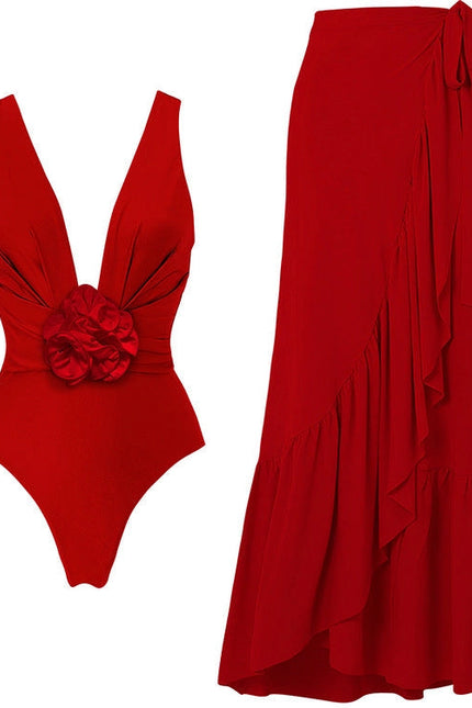 Solid Color Red Rose One Piece Swimwear Y285