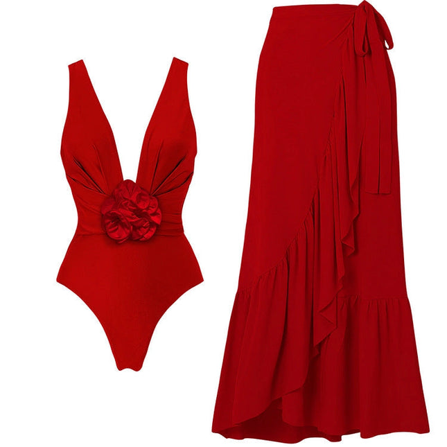 Solid Color Red Rose One Piece Swimwear Y285