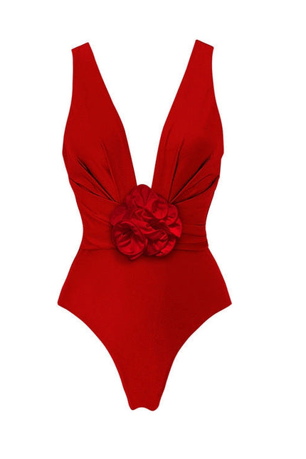 Solid Color Red Rose One Piece Swimwear Y285