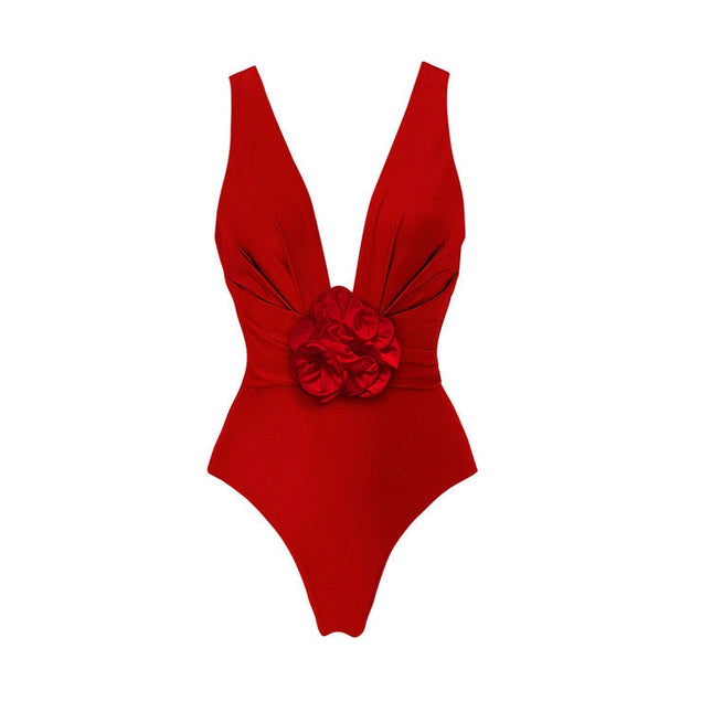 Solid Color Red Rose One Piece Swimwear Y285