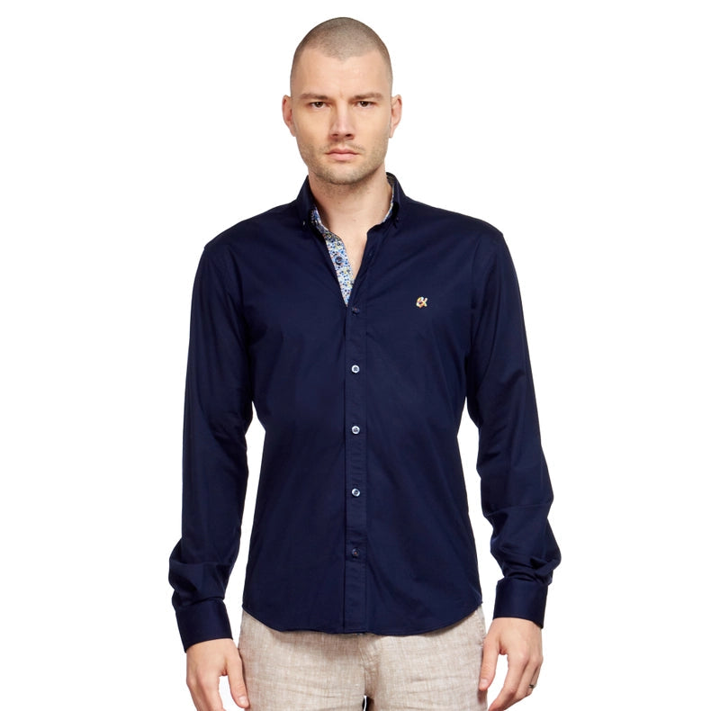 Solid Cotton Stretch Button Down Shirt W/ Abstract Trim