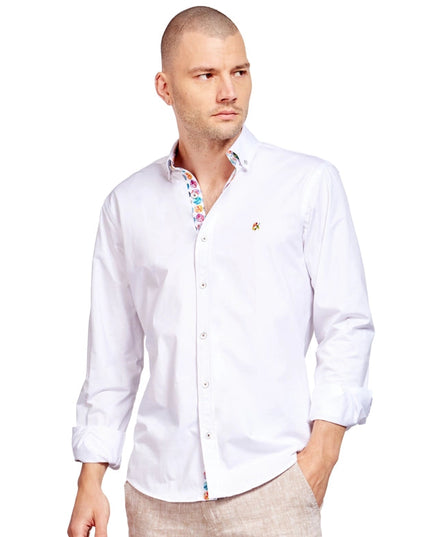 Solid Cotton Stretch Button Down Shirt W/ Global Trim