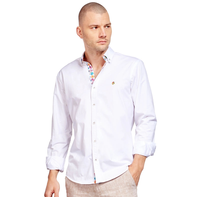 Solid Cotton Stretch Button Down Shirt W/ Global Trim