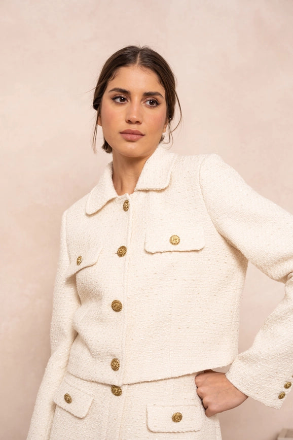 Solid Cropped Straight Cut Tweed Jacket Beige