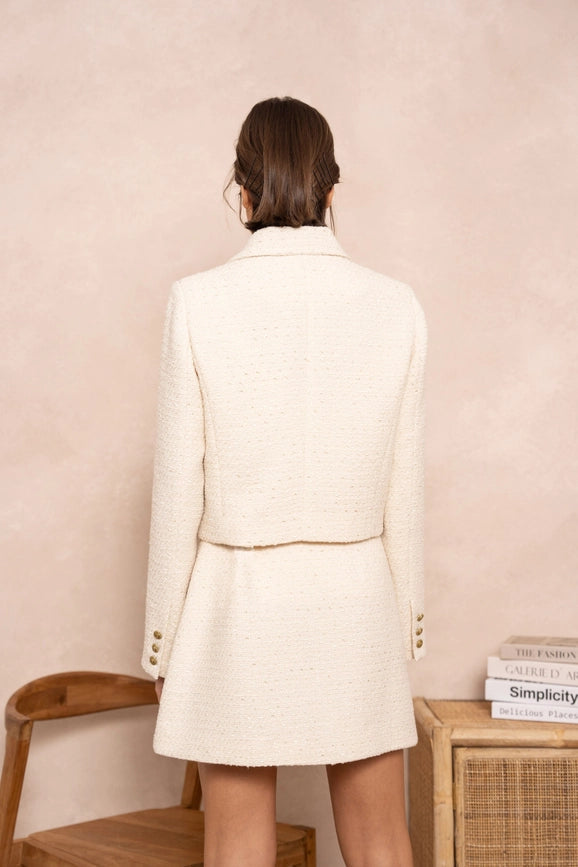 Solid Cropped Straight Cut Tweed Jacket Beige