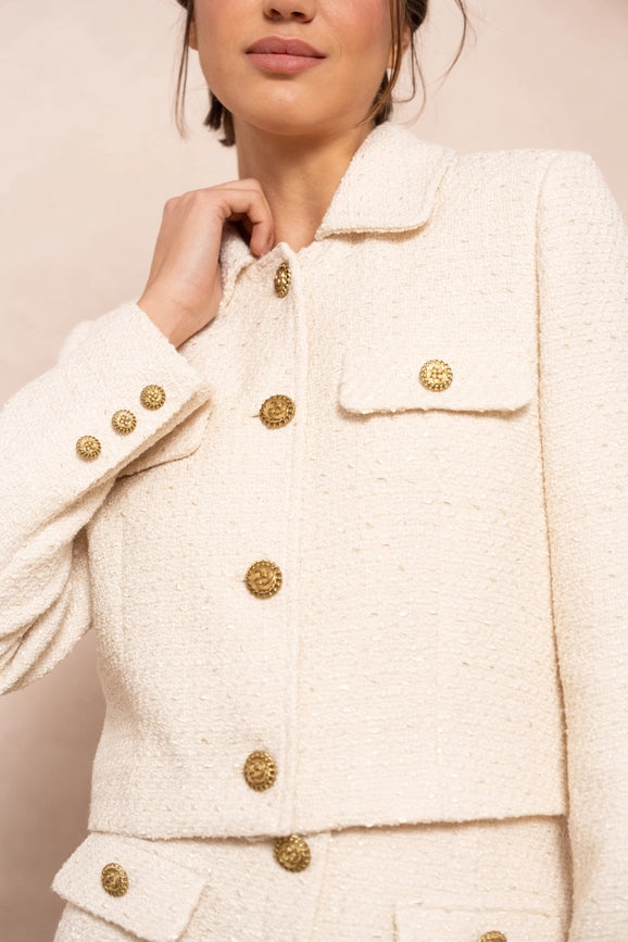 Solid Cropped Straight Cut Tweed Jacket Beige