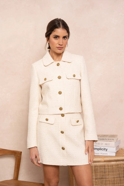 Solid Cropped Straight Cut Tweed Jacket Beige