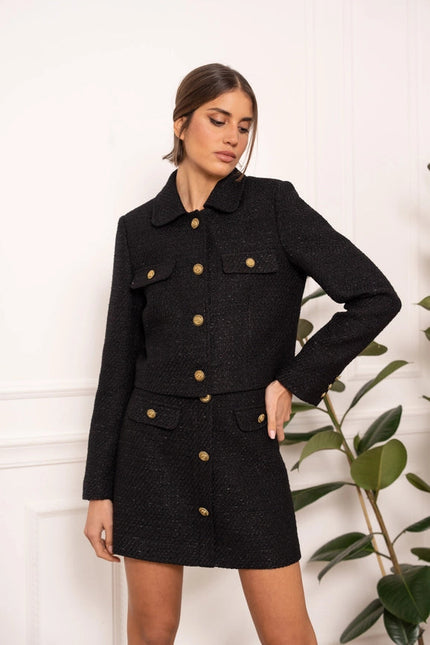 Solid Cropped Straight Cut Tweed Jacket Black