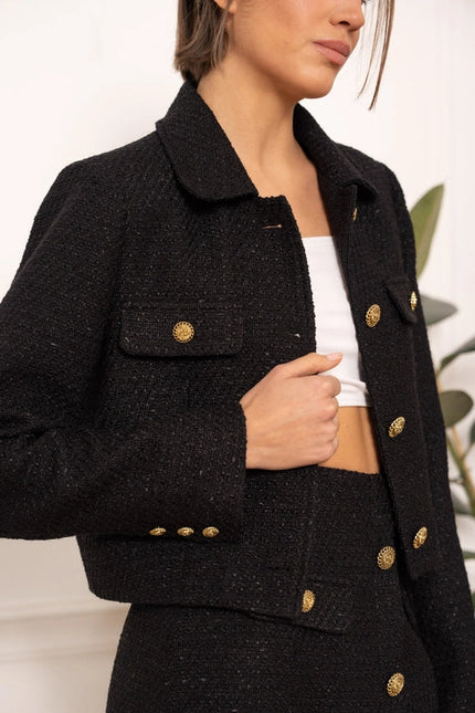 Solid Cropped Straight Cut Tweed Jacket Black