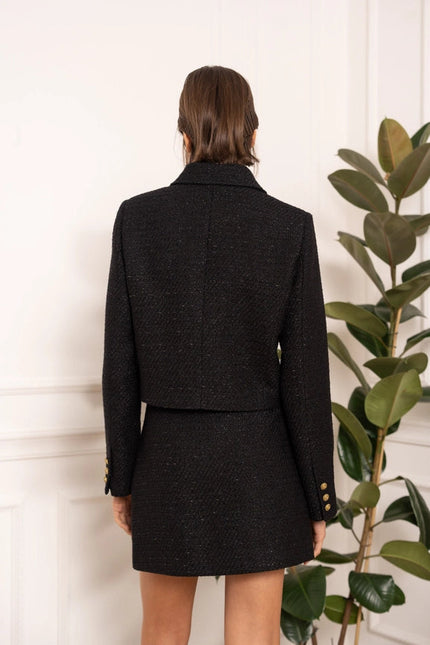 Solid Cropped Straight Cut Tweed Jacket Black