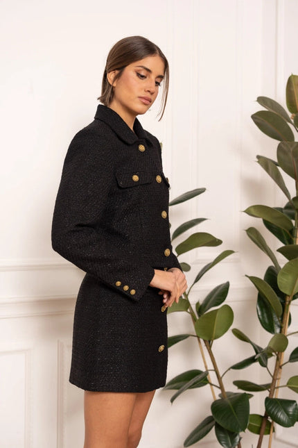 Solid Cropped Straight Cut Tweed Jacket Black