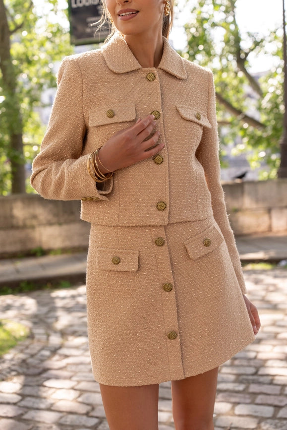 Solid Cropped Straight Cut Tweed Jacket  Camel