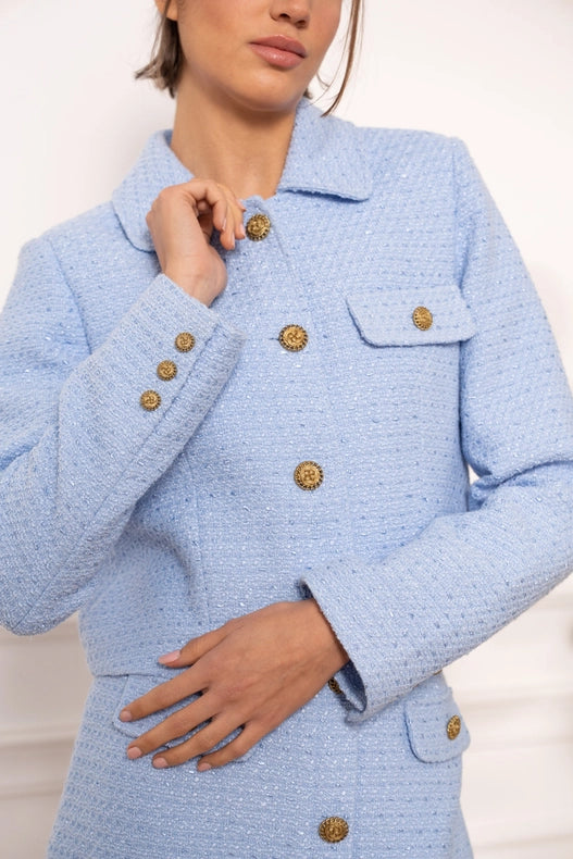 Solid Cropped Straight Cut Tweed Jacket