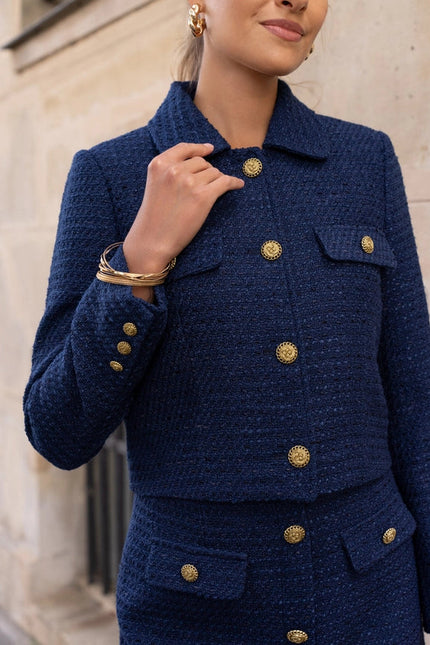 Solid Cropped Straight Cut Tweed Jacket  Navy Blue