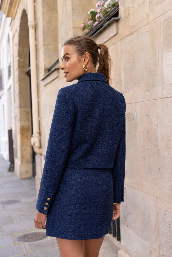 Solid Cropped Straight Cut Tweed Jacket  Navy Blue