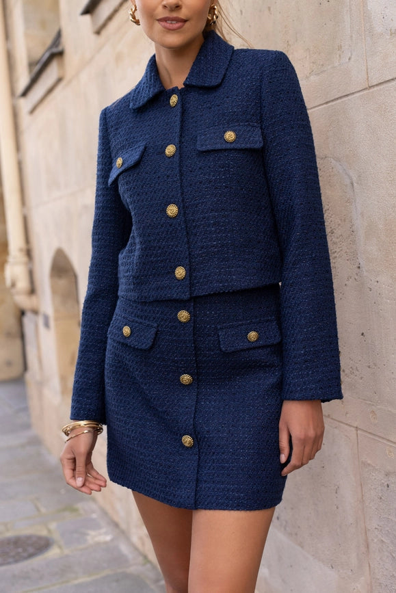 Solid Cropped Straight Cut Tweed Jacket  Navy Blue