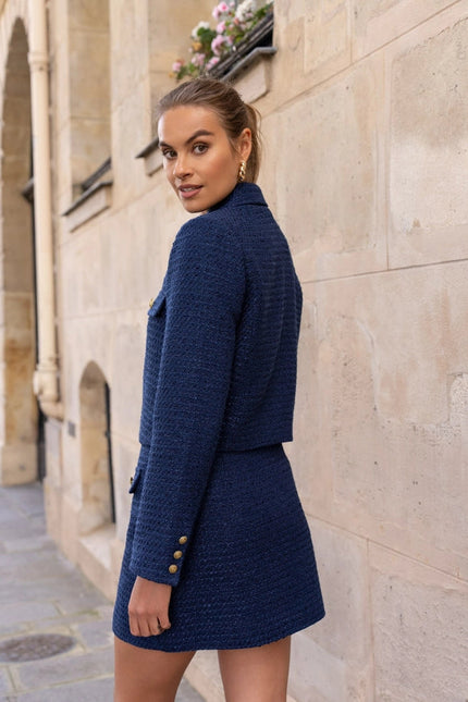 Solid Cropped Straight Cut Tweed Jacket  Navy Blue