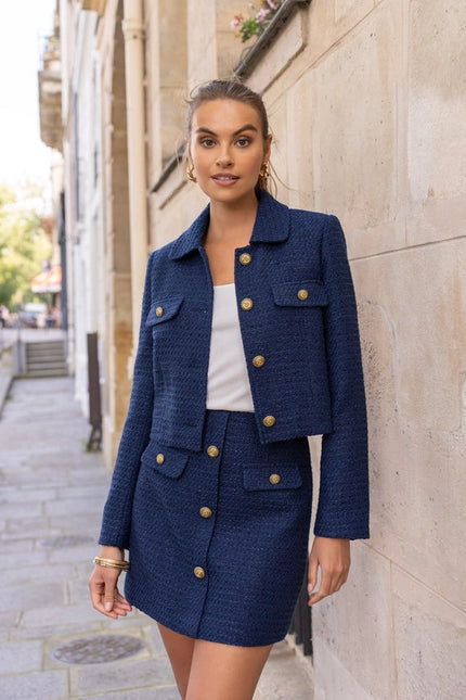 Solid Cropped Straight Cut Tweed Jacket  Navy Blue