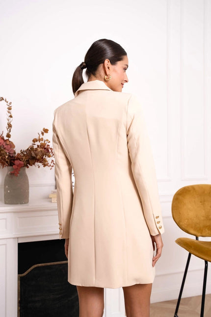 Solid Double-Breasted Jacket with Gold Buttons Beige