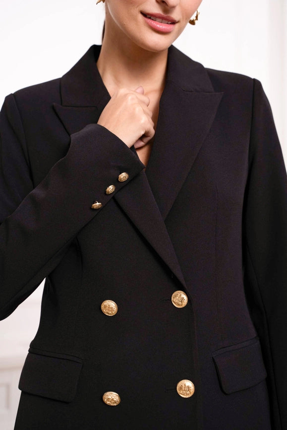 Solid Double-Breasted Jacket with Gold Buttons Black