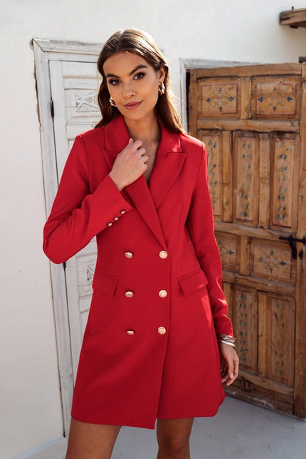 Solid Double-Breasted Jacket with Gold Buttons Red