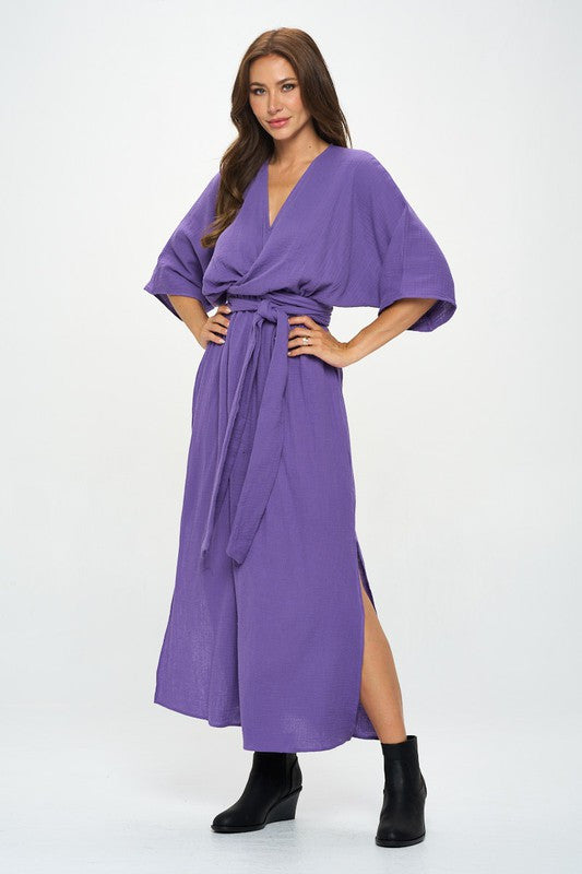 Solid Kimono Style Maxi Dress with Tie-1