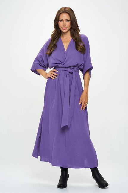 Solid Kimono Style Maxi Dress with Tie-2