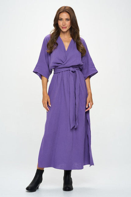 Solid Kimono Style Maxi Dress with Tie-3